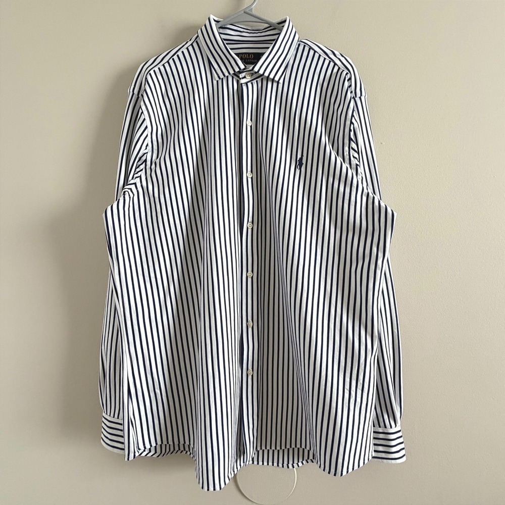Polo Ralph Lauren Mens XL Navy White Striped Custom Slim Fit Shirt Long Sleeve